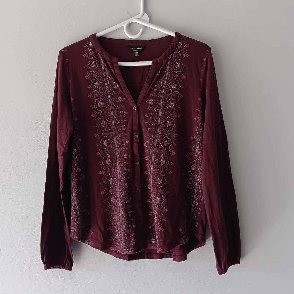 Lucky Brand Long-Sleeved Cotton Blend V-Neck Shirt Floral Purple White Medium - Picture 14 of 14